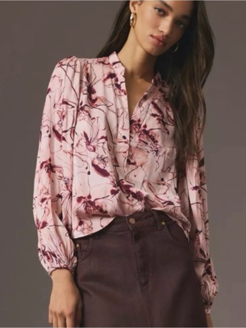 Anthropologie Pink Floral Split-Neck Long-Sleeve Blouse